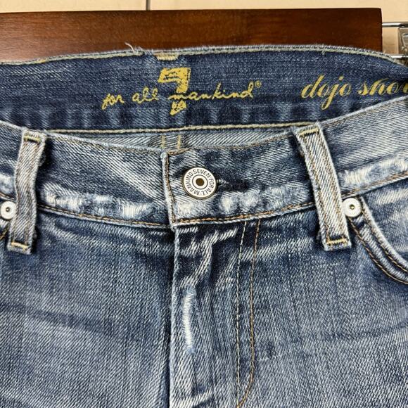 7 For All Mankind DOJO Shorts Long Made  USA Womens 28 Blue Denim Distressed - Picture 11 of 15